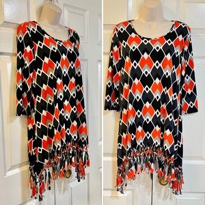NWT-Mechant-Abstract Geometric Print Tunic Top/Knotted Fringe Hem-Sz S